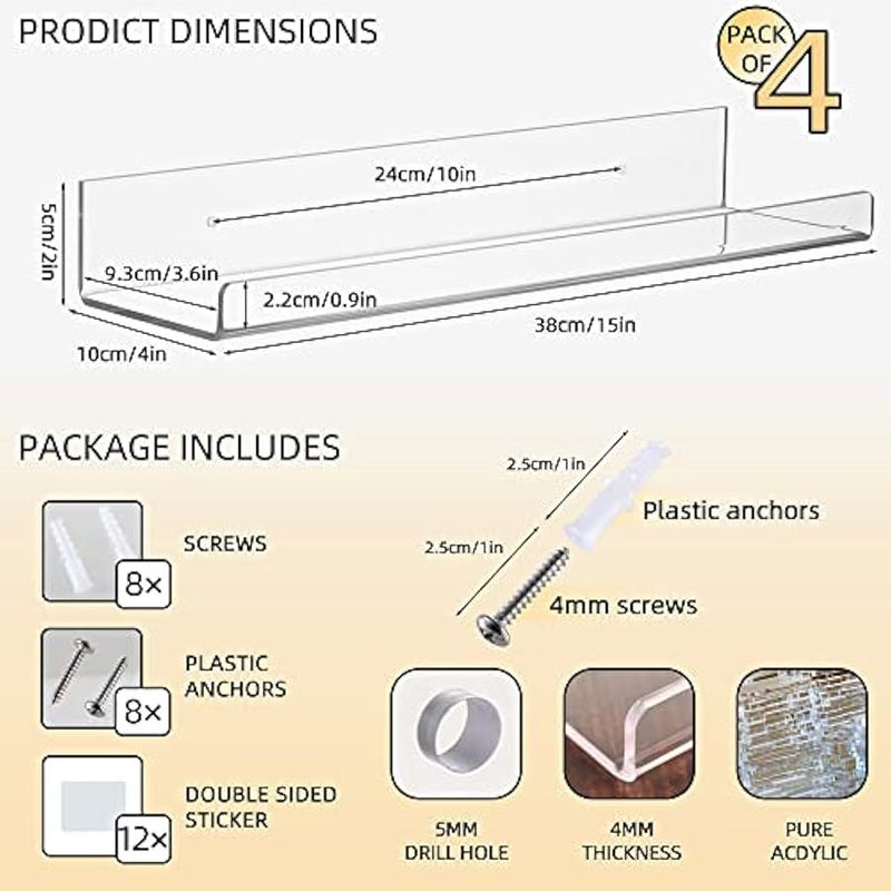 15 Inch Clear Shelves,Acrylic Bookshelf,Acrylic Shelves for Wall Storage,Nail Polish Organizer Wall,Display Shelf Organizer for Bathroom, Living Room, Bedroom, Kitchen, Room Decor - Image 3